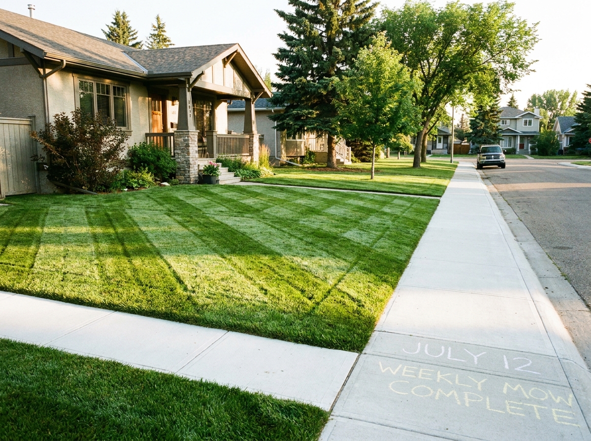 A neat residential lawn after a weekly mow with crisp edges and a fresh trim